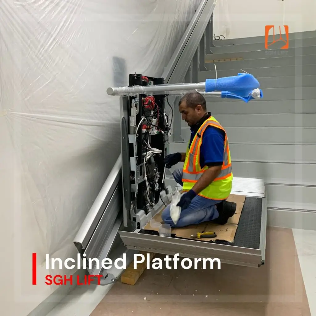 Wheelchair Platform Lift 4 Provide access for people who cannot climb steps or stairs. They are inclined wheelchair platform lifts, which travel up and down a stairway.